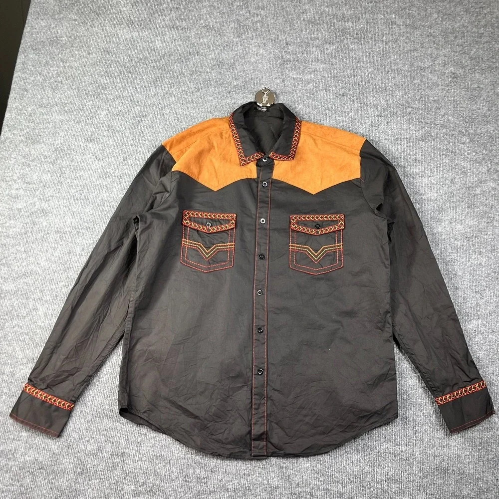 Coofandy Western Shirt Mens Large Black Peaked‎ Yokes Embroidered Shirttail Hem